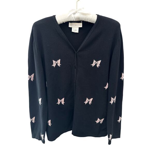 Doncaster Sweaters - DONCASTER | Black Bow Print V Neck Cardigan Made in Italy Vintage 90s | Large